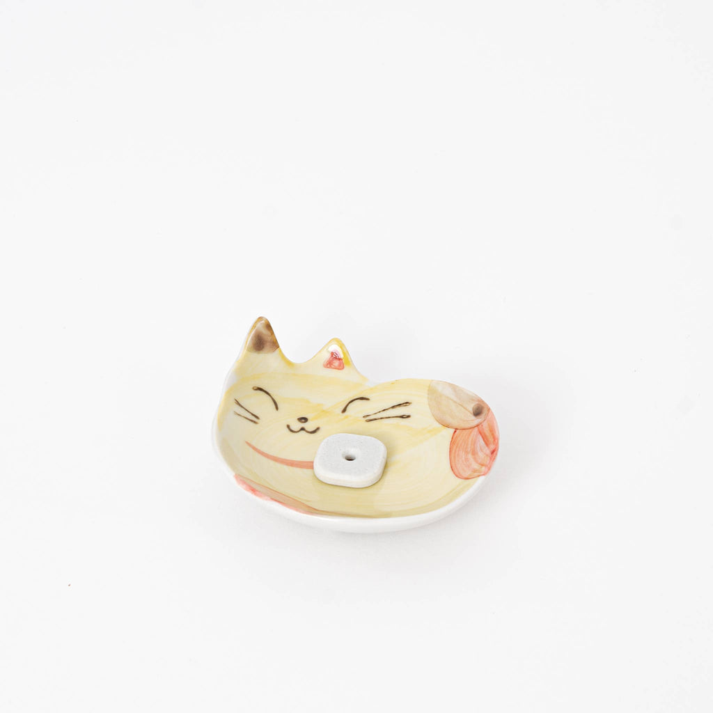 Yellow Japanese Ceramic Cat Incense Holder