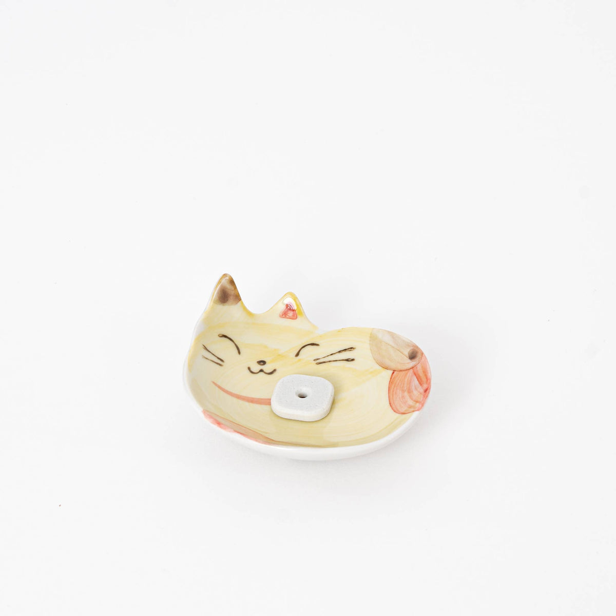 Yellow Japanese Ceramic Cat Incense Holder