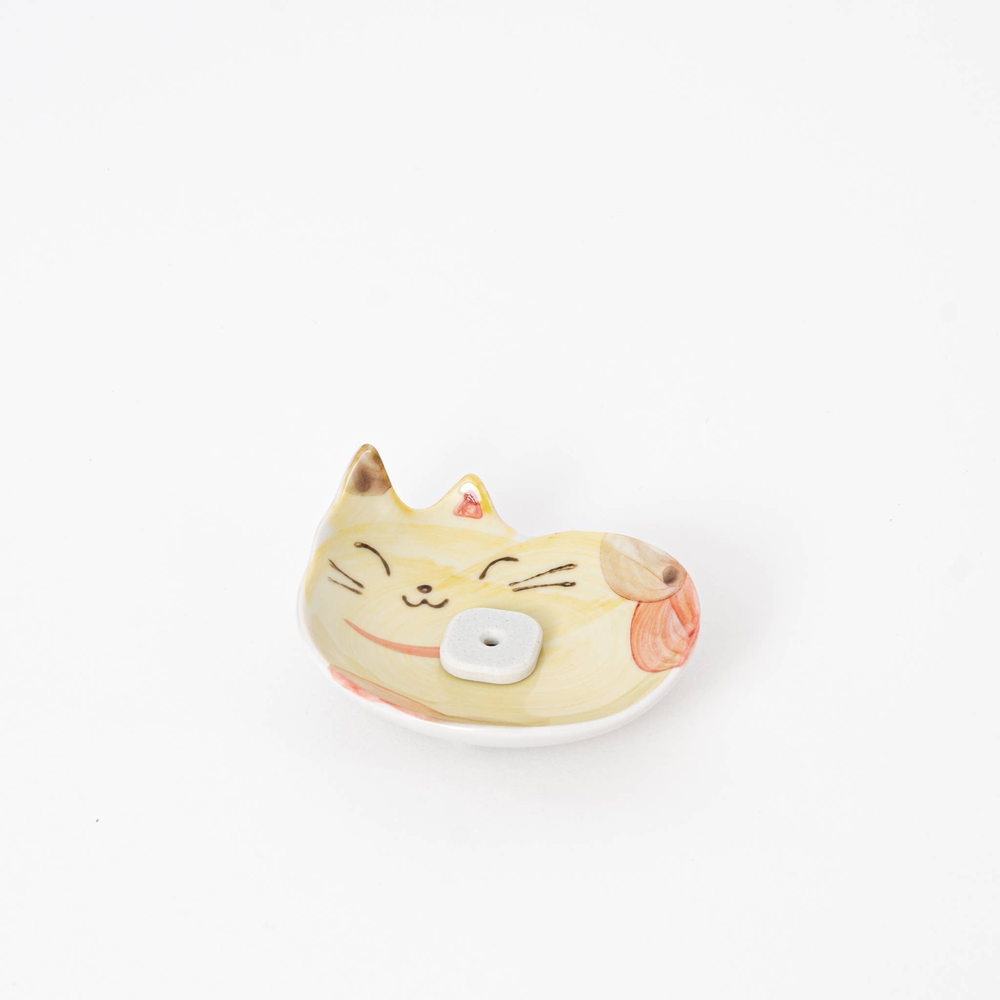 Yellow Japanese Ceramic Cat Incense Holder