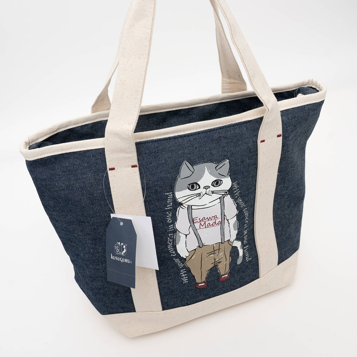 Kusuguru Japan Denim & Canvas Cat Tote Bag Dark Blue Denim