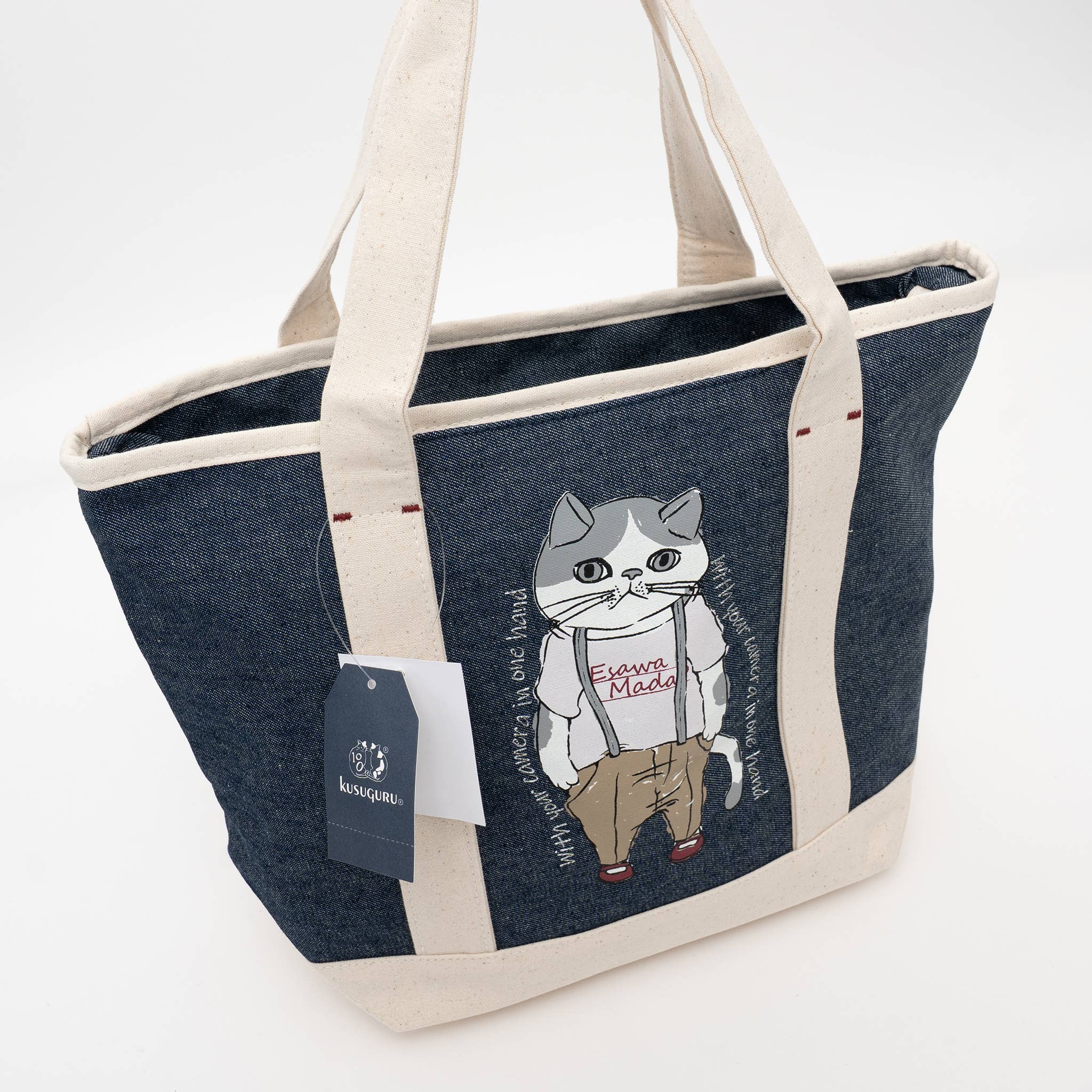 Kusuguru Japan Denim & Canvas Cat Tote Bag Dark Blue Denim