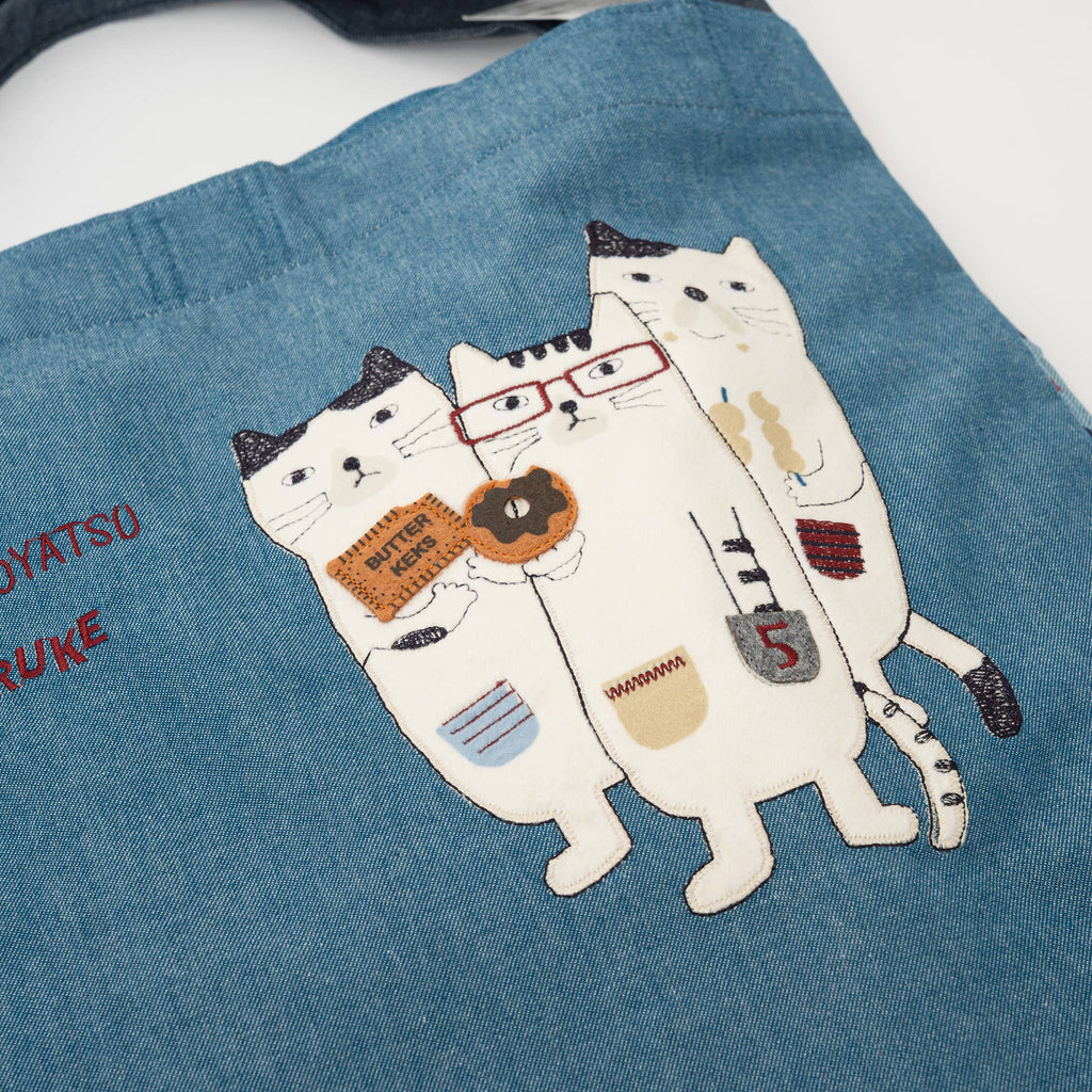 Kusuguru Japan Three Cats Embroidered Large Tote Bag - Blue