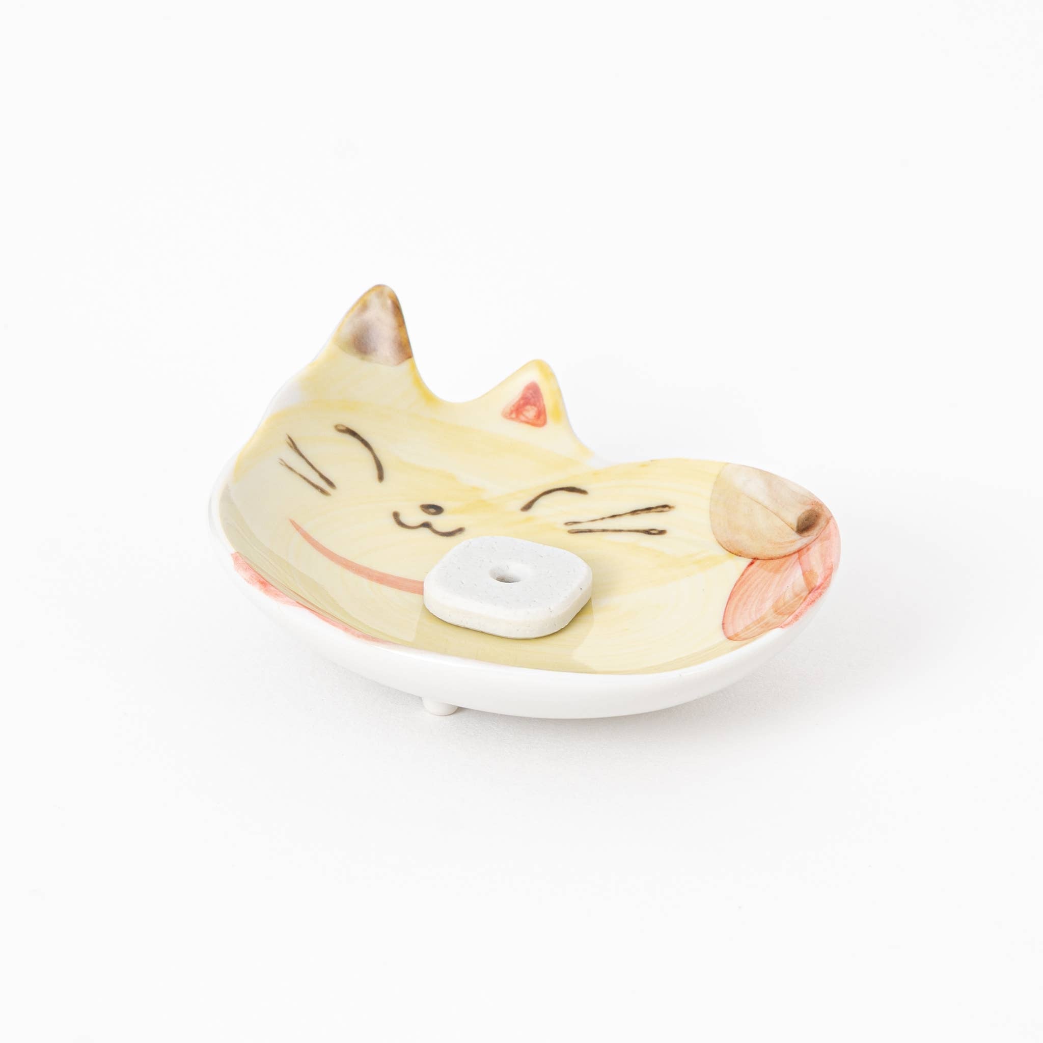 Yellow Japanese Ceramic Cat Incense Holder