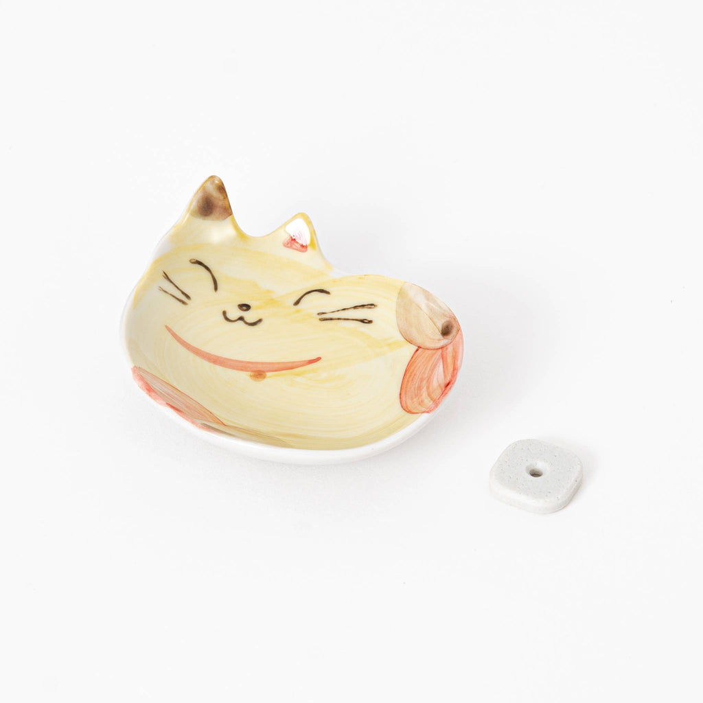Yellow Japanese Ceramic Cat Incense Holder