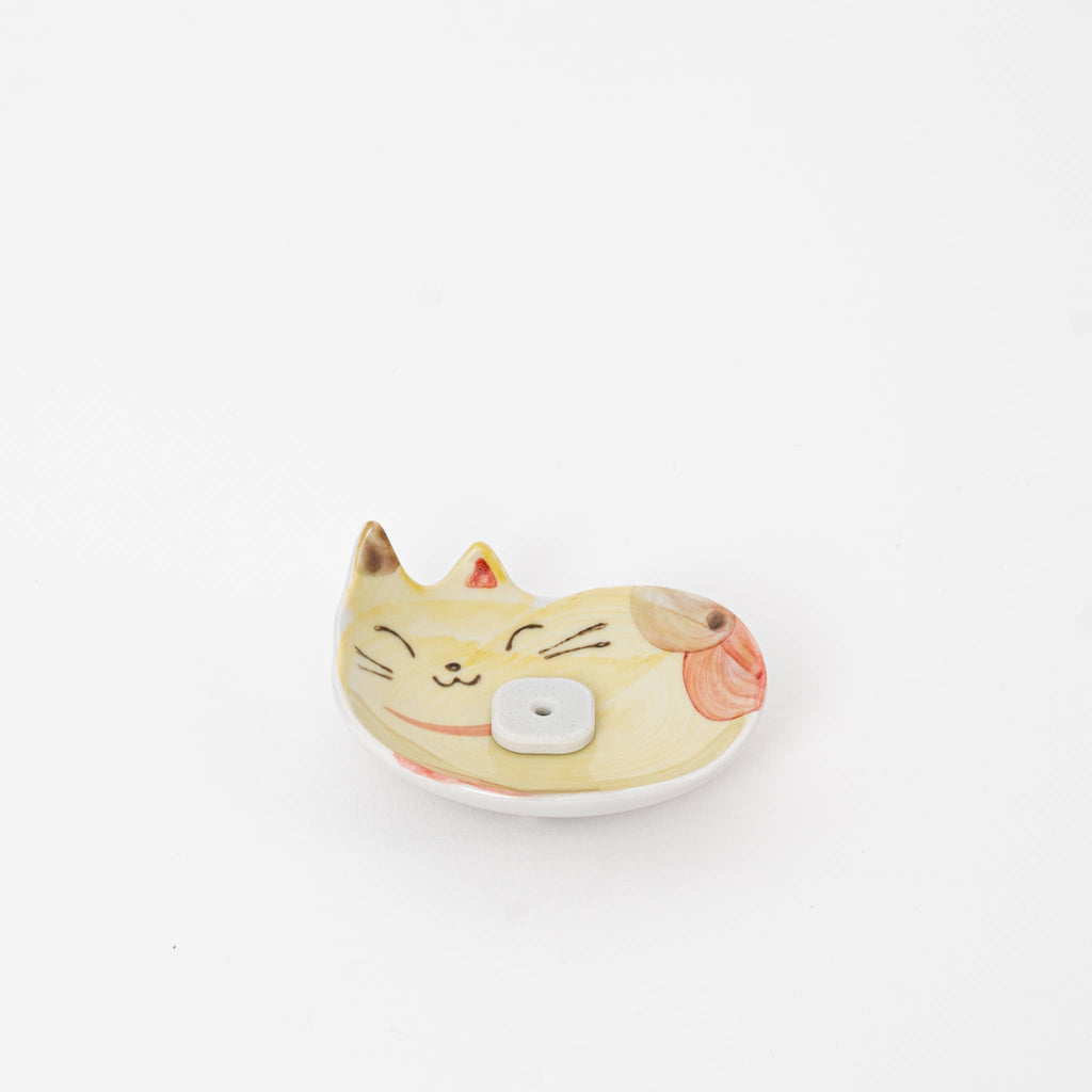 Yellow Japanese Ceramic Cat Incense Holder