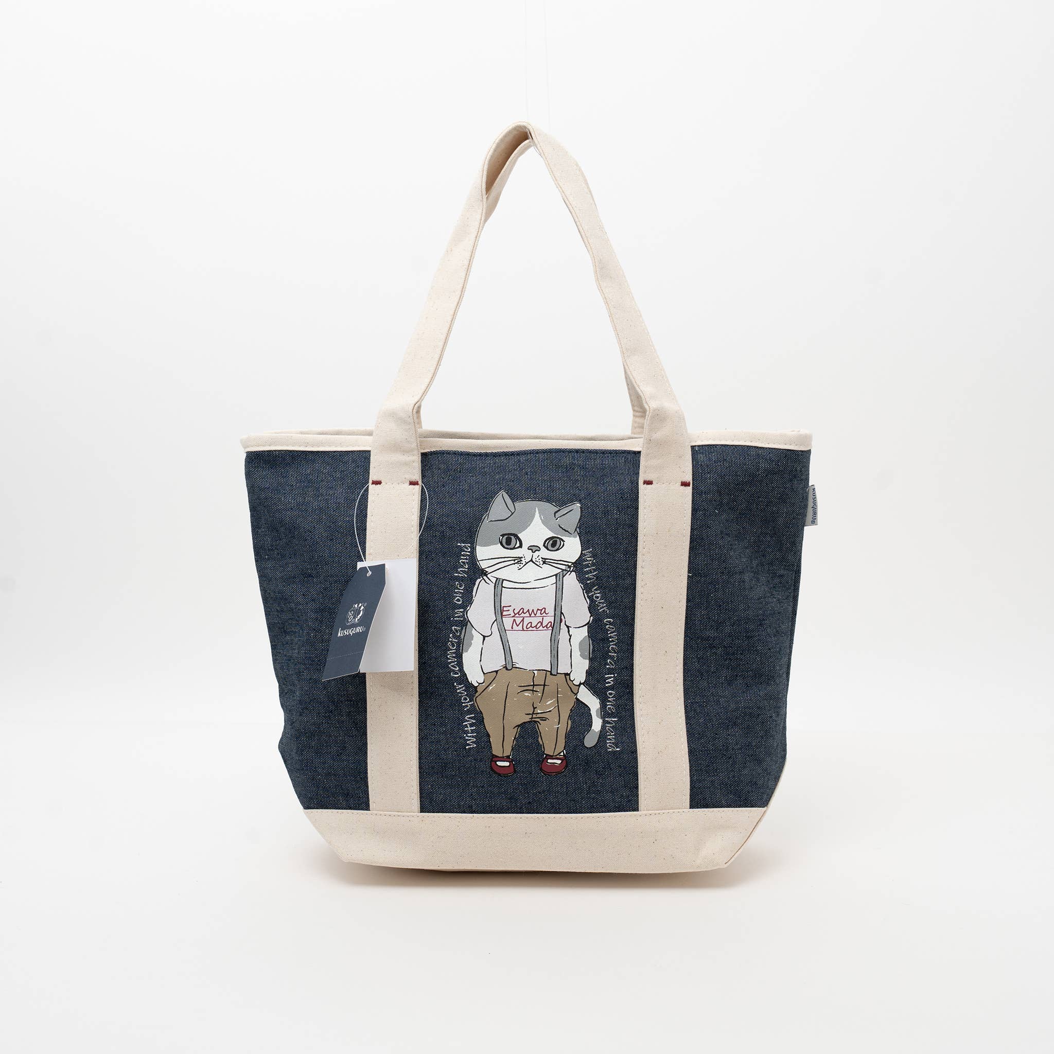 Kusuguru Japan Denim & Canvas Cat Tote Bag Dark Blue Denim